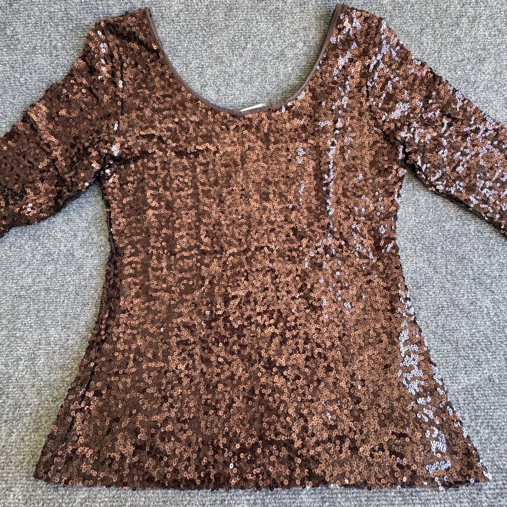 Banana Republic Chocolate Sequin Scoop Neck Elbow Sleeve Top L